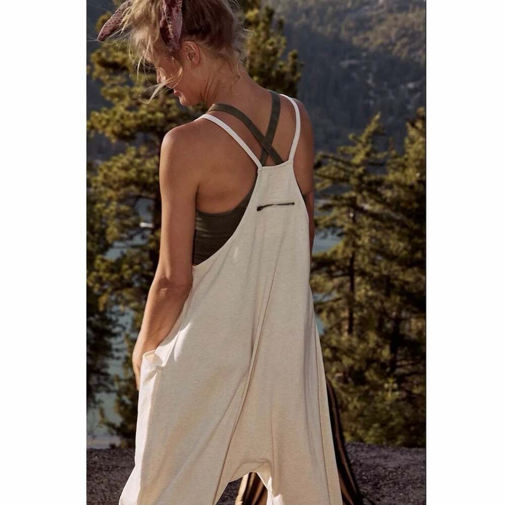 Free People Movement Hot Shot Jumpsuit Small Oatmeal Harem Overalls Cotton - Picture 7 of 12